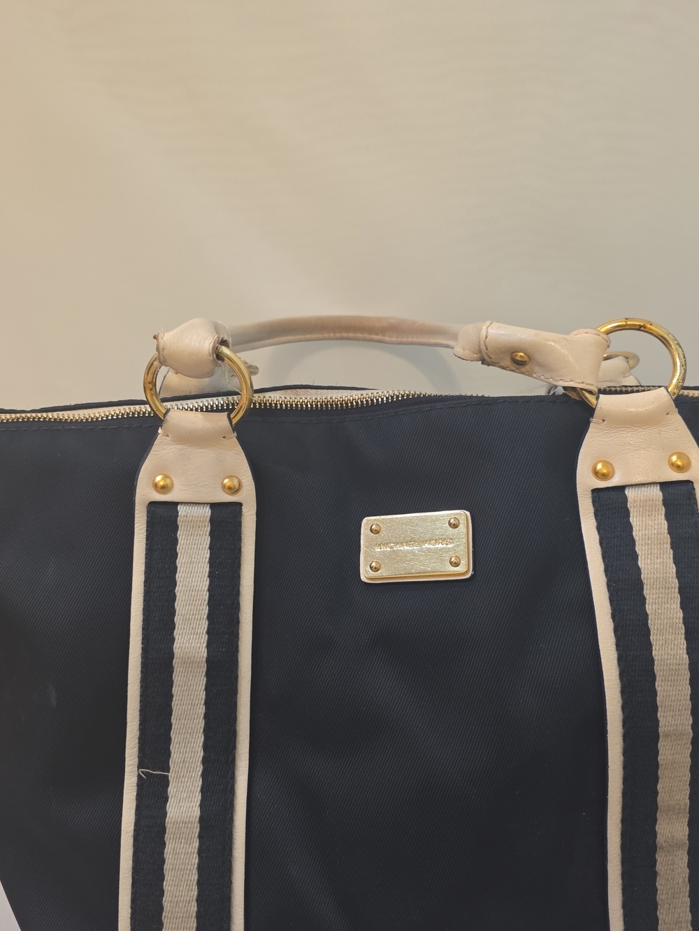Michael Kors Navy Tote with Cream Striped Handles - Picture 2 of 4